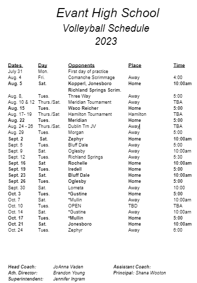 Evant High School Volleyball Schedule image