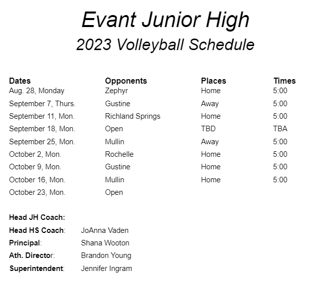 Evant Junior High Volleyball schedule image